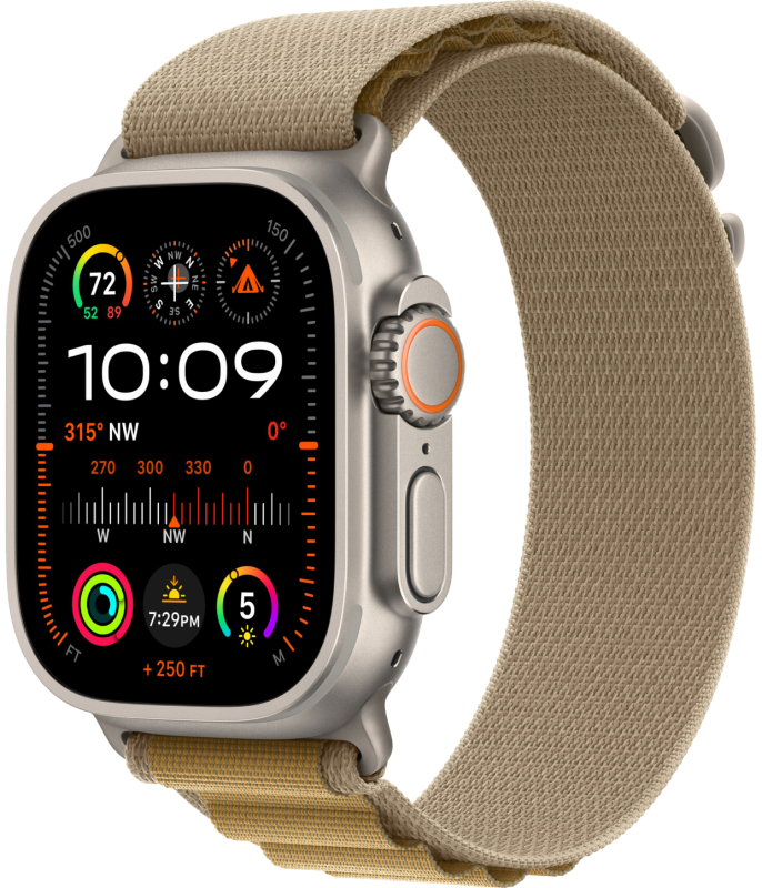 Фото Apple Watch Ultra 2 GPS + Cellular, 49 мм, корпус из бежевого титана, ремешок Alpine цвета Загар, размер L Фото Apple Watch Ultra 2 GPS + Cellular, 49 мм, корпус из бежевого титана, ремешок Alpine цвета Загар, размер L