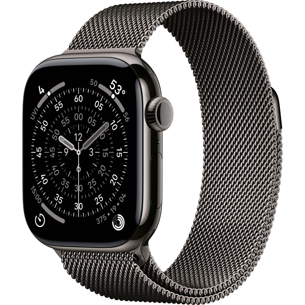 Фото Apple Watch Series 11, 42 мм, корпус из титана цвета «серый», ремешок Milanese серого цвета, размер M/L На фото изображено Apple Watch Series 11, 42 мм, корпус из титана цвета «серый», ремешок Milanese серого цвета, размер M/L