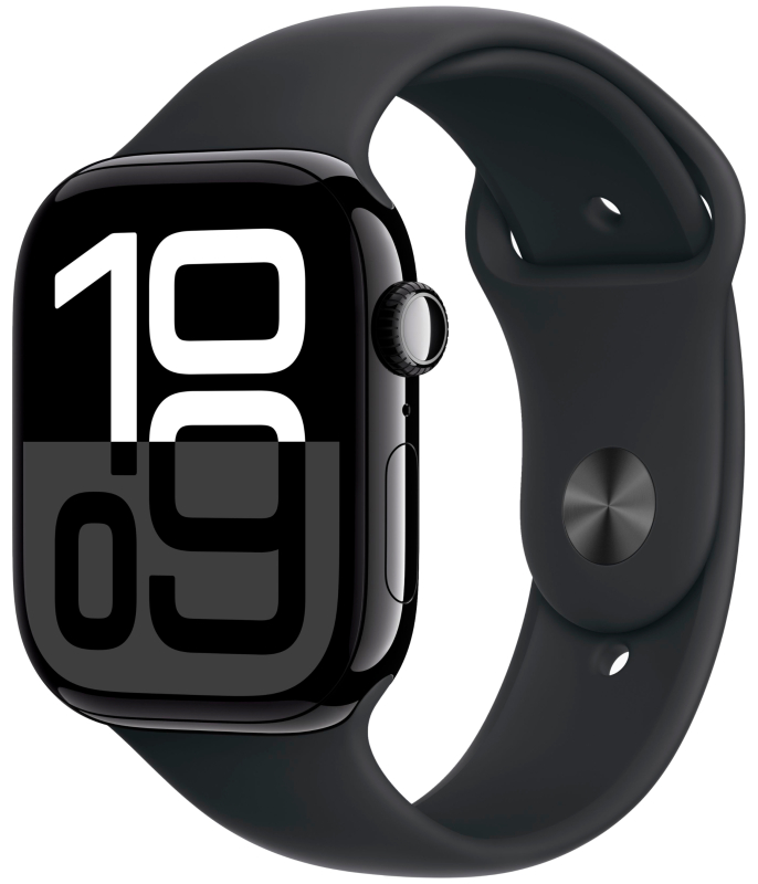 Фото Apple Watch Series 10, 46 мм, корпус из алюминия цвета «чёрный глянец», спортивный ремешок, размер S/M На фото изображено Apple Watch Series 10, 46 мм, корпус из алюминия цвета «чёрный глянец», спортивный ремешок, размер S/M